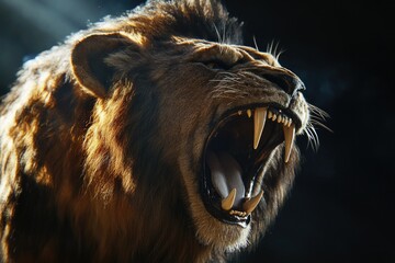 Lion Roaring, Dark Forest Background, Powerful Portrait
