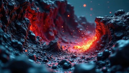 Basaltic rock formation with fragmented meteorite texture, geological formations, asteroid impact, basalt