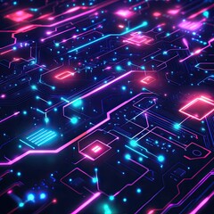 Abstract neon circuit board with glowing lines and nodes.