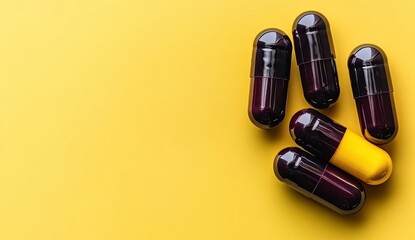 Group of dark purple and light yellow capsules on a bright yellow background