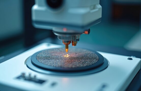 Closeup view of advanced tech equipment examining microchip transistor sample. High tech lab equipment tests microchip. Automation process manufactures circuit. Modern industrial process produces