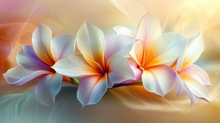 Fototapeta premium Delicate, light beige and white flowers in soft focus, set against a warm, golden beige background with a sheer, translucent overlay. The flowers are