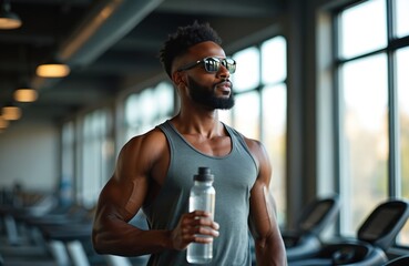 Fototapeta na wymiar Fit black man exercises in gym. Holds water bottle. Strong body, active lifestyle. In gym, likely during day. Focused on fitness, health. Image shows muscles, determination. Photo captures