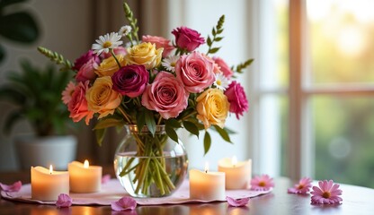 Fototapeta premium Colorful rose bouquet and candles for Women's Day celebration in cozy home interior