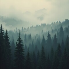 Fototapeta premium Paisaje brumoso con bosque de abetos en estilo retro vintage. IA generativa