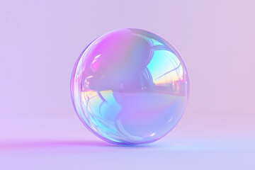 3D bubble with iridescent colors floating on a light lavender background