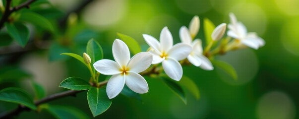 Fototapeta premium Delicate jasmine flowers unfolding on a branch, foliage, garden