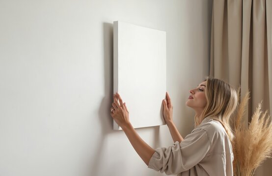 Woman hangs blank canvas on white wall. Interior design mockup. Female model holds empty art piece. Home decor concept. Modern style. Simple interior setup. Light, airy atmosphere. Woman placing