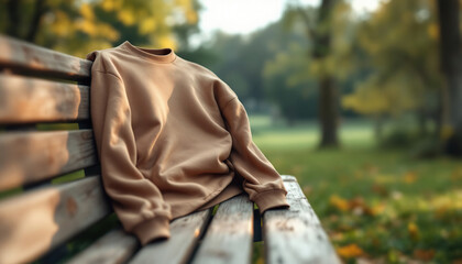 Fototapeta premium Camel Crewneck Sweatshirt on Park Bench Autumn Fashion