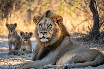 Naklejka premium Majestic lion and cubs resting in African savanna