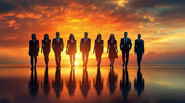 Sunset Stride: A silhouette of a team in business attire walking towards the viewer at sunset, with the sun reflecting on the water. The sky bursts with fiery orange and yellow tones.