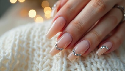Woman hands with beautiful brown nails. Elegant design with rhinestones. Closeup view of manicured hands. Perfect for beauty fashion, bodycare advertisements. Stylish trendy nail art. Luxurious nail