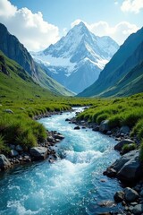 Glacial water flowing through a mountain valley, serene, river, stream