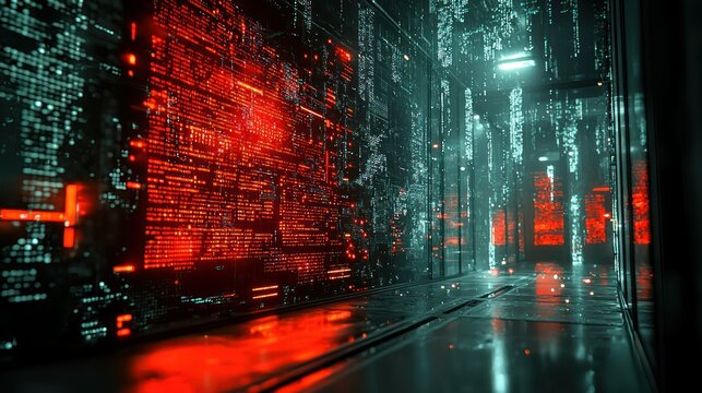 Data center corridor, digital code, futuristic server room, cybersecurity