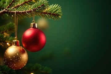 Naklejka premium Glittering golden ornaments hanging from a Christmas tree branch, shiny, branches