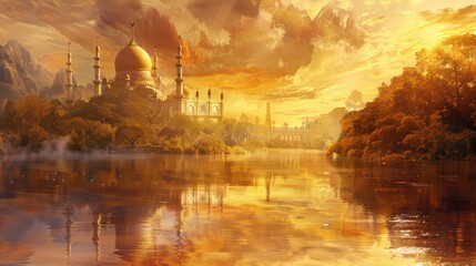 Naklejka premium A spiritual Ramadhan Karim poster from Bangladesh, with a peaceful river and a mosque on the banks, soft lighting, and warm tones of gold and brown, reflecting tranquility