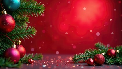 Glittering red backdrop with fir branches adorned with colorful glass balls, festive decorations, glittering, winter wonderland
