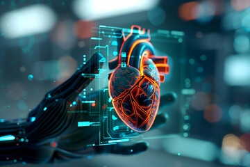 A digital representation of a heart, merging technology and biology, showcasing futuristic elements in a high-tech environment.