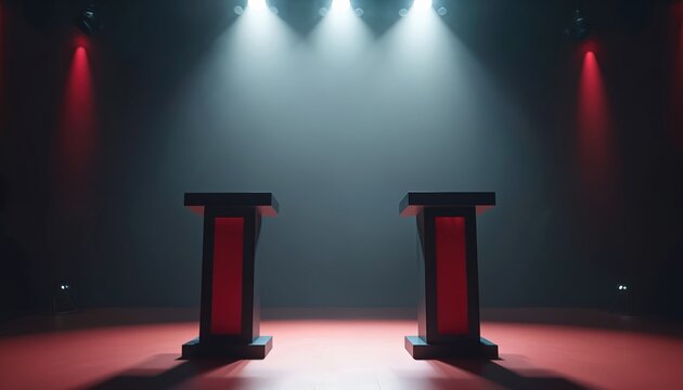 Empty stage with two podiums in dimly lit auditorium. Prepared for debate presentation. Spotlights highlight podiums. Public event setup ready. Professional, modern design for conference seminar.
