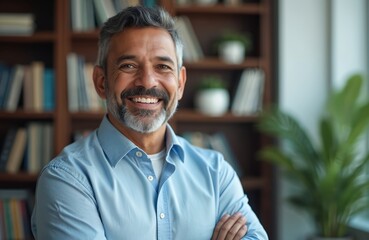 Obraz premium Middle-aged Hispanic man smiles confidently in indoor setting. Looks directly at camera with pleasant expression. Standing, wearing light blue shirt. Background shows library office space with