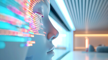 A futuristic robotic head with digital code overlay, symbolizing advanced technology and artificial intelligence in a modern setting.