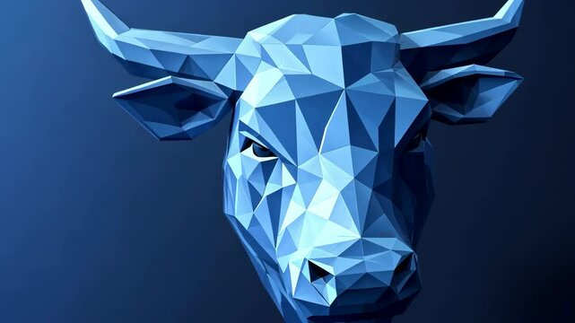 Blue cow with a triangular face is shown on a blue background. The cow's face is the main focus of the image, and it is a stylized representation of a bull