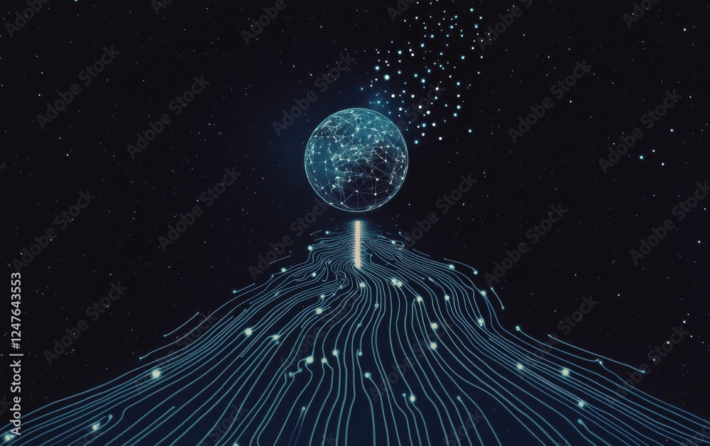 Wall mural a minimalist depiction of an ai circuit forming the shape of earth, with data streams flowing out in