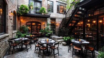 Naklejka premium Romantic City Courtyard Restaurant Tables
