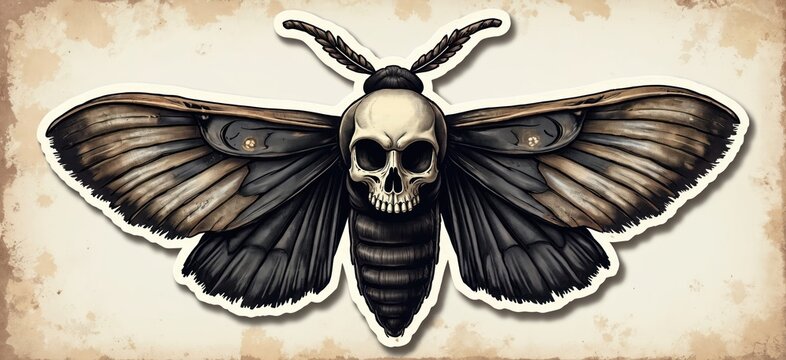 Distressed graphic sticker style icon of death head moth. Intense grunge, worn effect. Tattoo style illustration. Vintage art. Dark colors with moth skull on body. Suitable for goth occult themes.