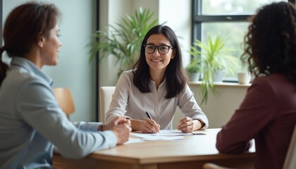 Businesswoman leads meeting with staff in office. Group collaboration, leadership key focus. People sit around table, focused, smiling. Positive team atmosphere. Woman with glasses, smiling, actively