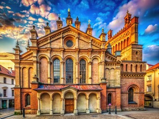 Obraz premium Historic Krakow Synagogue's intricate facade: Polish temple architecture captured in detailed photography showcasing ancient religious building.
