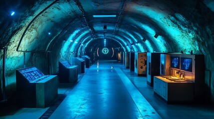 Blue lit control room tunnel with vintage computers and retro consoles