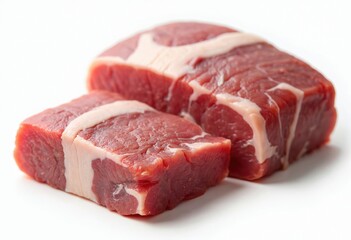 Fototapeta premium Raw pork meat pieces lie on white background. Pieces of meat different sizes. Meat deep red with visible white fat. Fresh, ready for cooking. High quality food product photo. Ideal for grocery store
