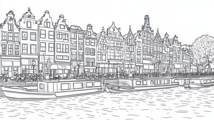 Amsterdam canal houses, boats, city sketch, travel