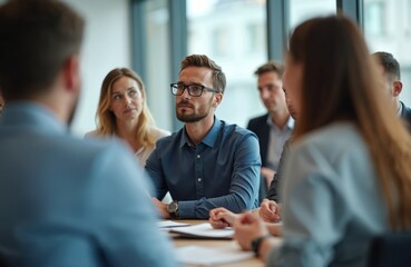 Business people sit in circle at meeting. Listening attentively. Environment pro, focused. Corporate workshop for conflict resolution. Participants seem serious, engaged in learning techniques.