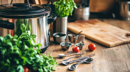 A kitchen table with a slow cooker, measuring spoons, and a wooden cutting board.
