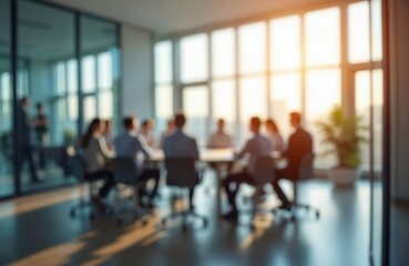 Business people sit around table in modern office room. Indoor meeting with blurred people. Sunlight streams through large windows. Modern workplace environment. Team discussion strategy session in