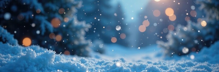 Fototapeta premium Snowflakes gently falling on a winter wonderland scene, frosty, snowflakes, lights