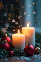 Snowflakes gently falling on festive candles and ornaments, glow, snowflakes