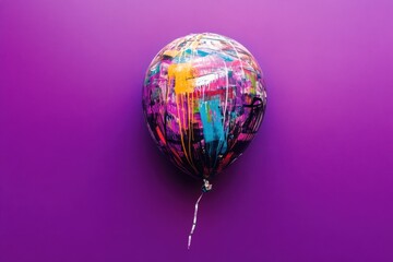 Colorful balloon covered in paint against a purple background