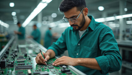 Focused young male worker in teal shirt works on circuit board at factory assembly line. Concentrating on detailed tech assembly. Modern electronics manufacturing. Wears glasses, uses precision