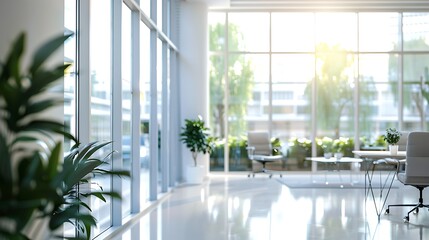 Fototapeta premium Blurred background of modern office interior with furniture and sunlight