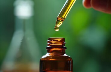 Hand holding dropper with CBD hemp oil droplet above brown glass bottle. Alternative medicine product. Focus on product droplet, bottle. Natural herbal oil from hemp plant. Possible laboratory