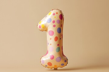 Polka dotted number one balloon against a beige background