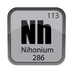 Nihonium element icon. Symbol Nh detail. Number 113 mention. Mass 286 highlight.