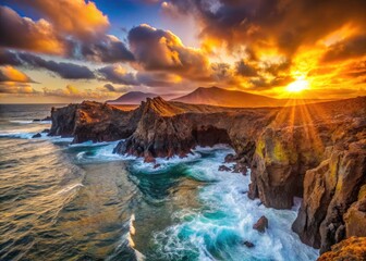 Fototapeta premium Lanzarote sunset: macro photography captures fiery lava cliffs plunging into the turquoise ocean.