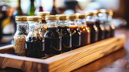 A rustic wooden tray holding a variety of seasoning jars, including soy sauce, fish sauce, and ground pepper.