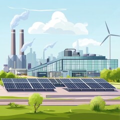 Modern factory with solar panels, wind turbine, and smokestacks, illustrating clean and dirty energy sources.