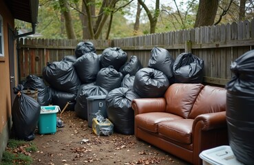 Urban backyard overloaded with trash bags. Discarded furniture like brown leather sofa lies in mess. Cleanup removal effort underway. Cluttered residential area shows need for waste management. Photo