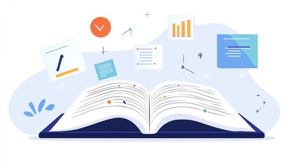 Open book with icons representing knowledge.